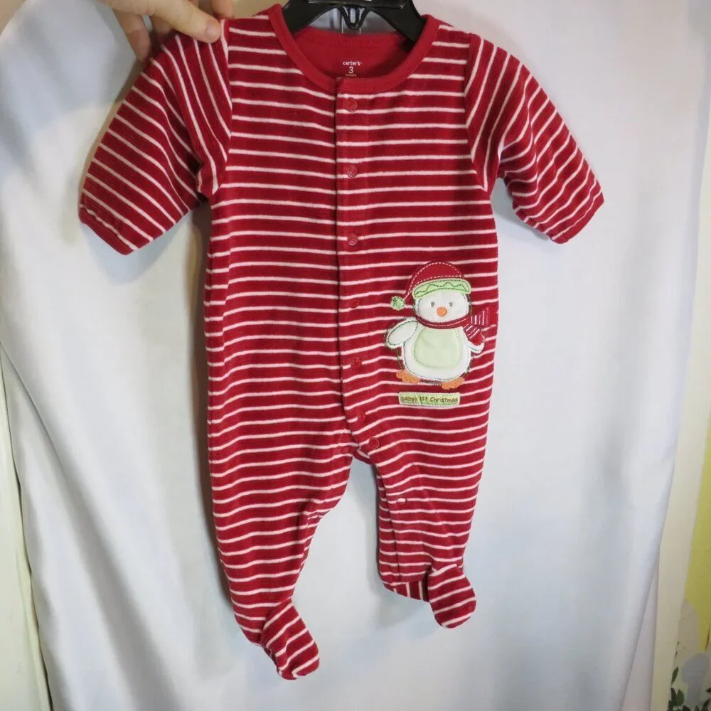 Baby First Christmas Red & White Striped Footed Bodysuit & Embroidered Bib